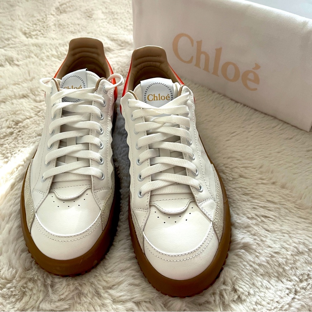 NWT and BOX Chloe / Chloé White Leather Sneakers with Scallop and Orange Details
